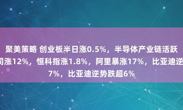 聚美策略 创业板半日涨0.5%，半导体产业链活跃，华虹公司涨12%，恒科指涨1.8%，阿里暴涨17%，比亚迪逆势跌超6%